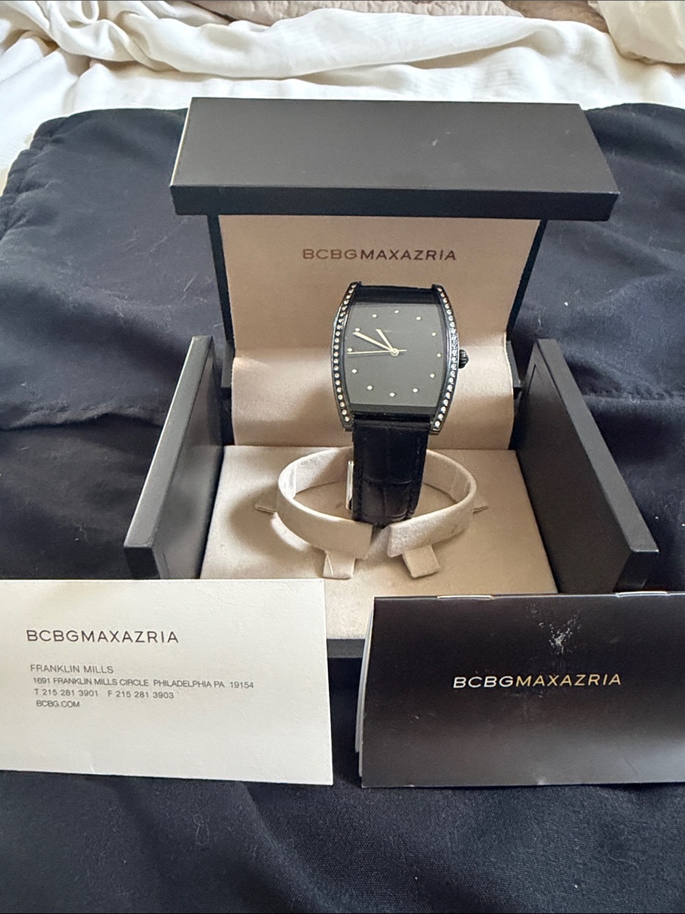 BCBGMaxAzria Black Leather Crystal-Accent Watch